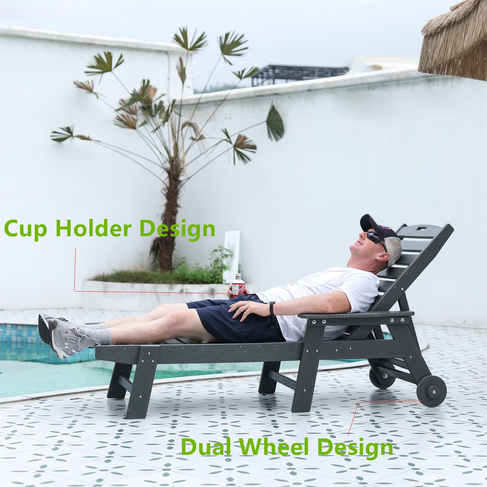 Aukfa 3 Pcs Outdoor Patio Chaise Lounge w/ Coffee Table&Cup Holder, Adjustable Backrest, HDPE, Gray