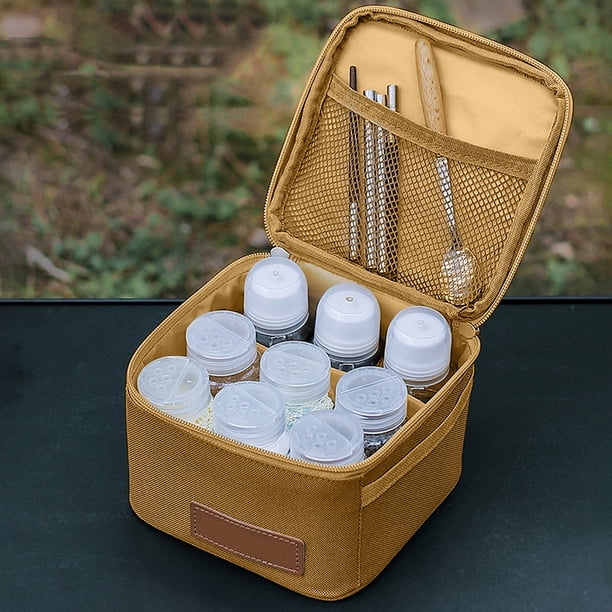 Ensemble de 9 Bouteilles d'pices Portatives avec Sac de Rangement,  Comprend 6 Filtres et 3 Bouteilles de Liquide, Organisateur  d'Assaisonnements de Camping avec tiquettes et Entonnoirs, Contenants de  Condiments pour Cuisine de