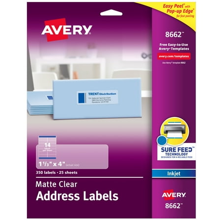 UPC: 0072782086626 | Avery Matte Clear Address Labels  Sure Feed Technology  Inkjet  1-1/3  x 4   350 Labels (8662)