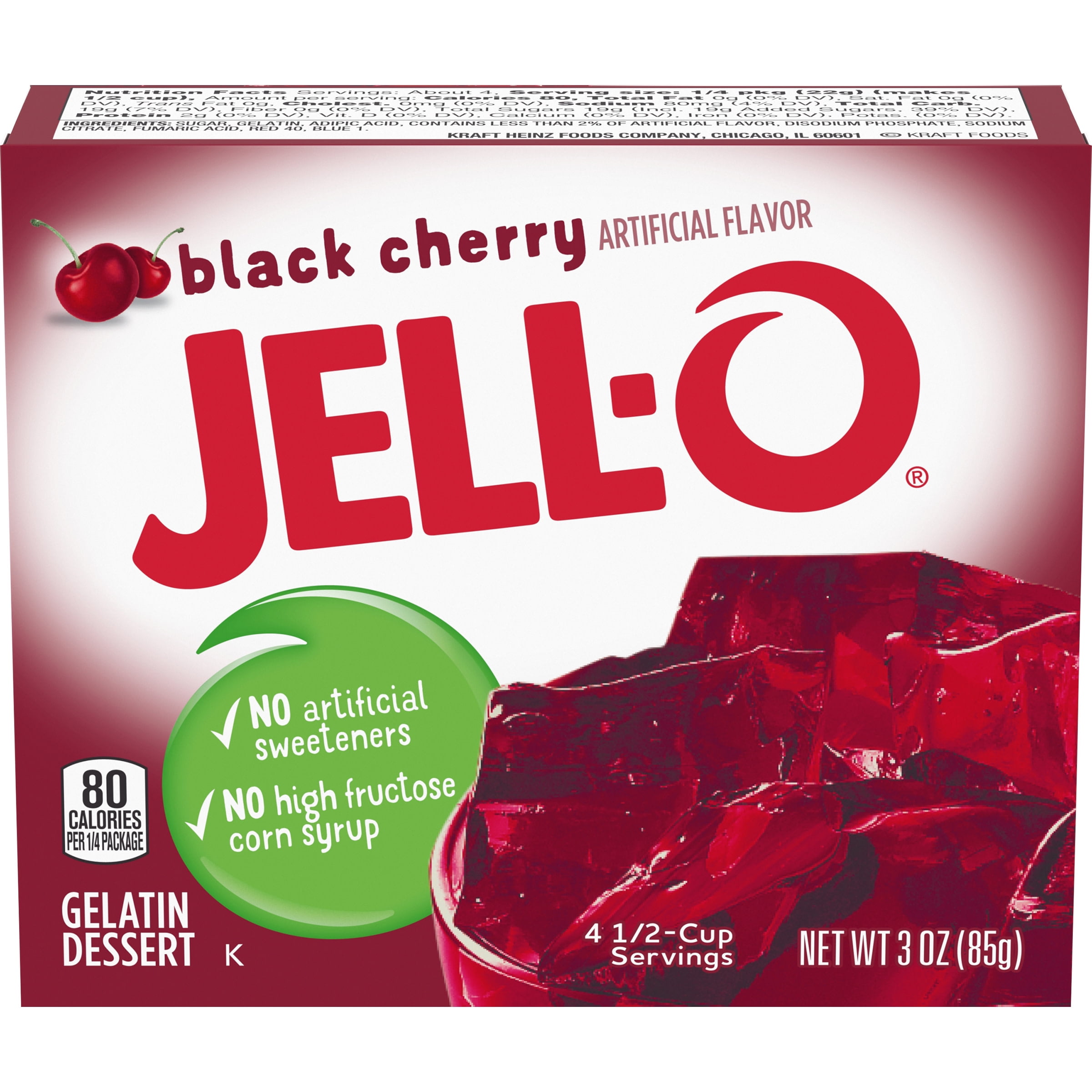JellO Black Cherry Gelatin Dessert Mix, 3 oz Box