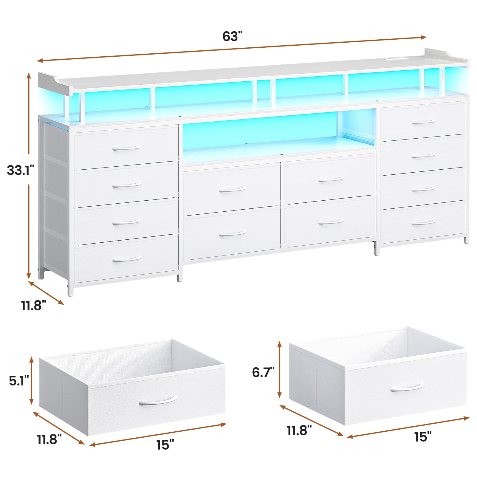 White TV Console for Bedroom,TV Stand Dresser with 12 Drawers,Entertainment Center with LED Lights & Power Outlets, 63" Large LED TV Stand for 65 inch TV