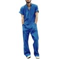 thumbnail image 1 of HAHDAXIA Mens Summer Cargo Jumpsuit Short Sleeve Button Down Rompers Casual Relaxed Fit Long Coverall Beach Outfit with Pockets, 1 of 4