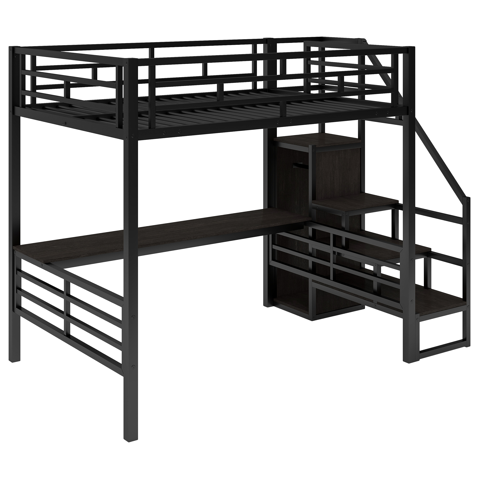 Nestfair Full Size Metal Loft Bed With Desk, Wardrobe, Storage Stairs