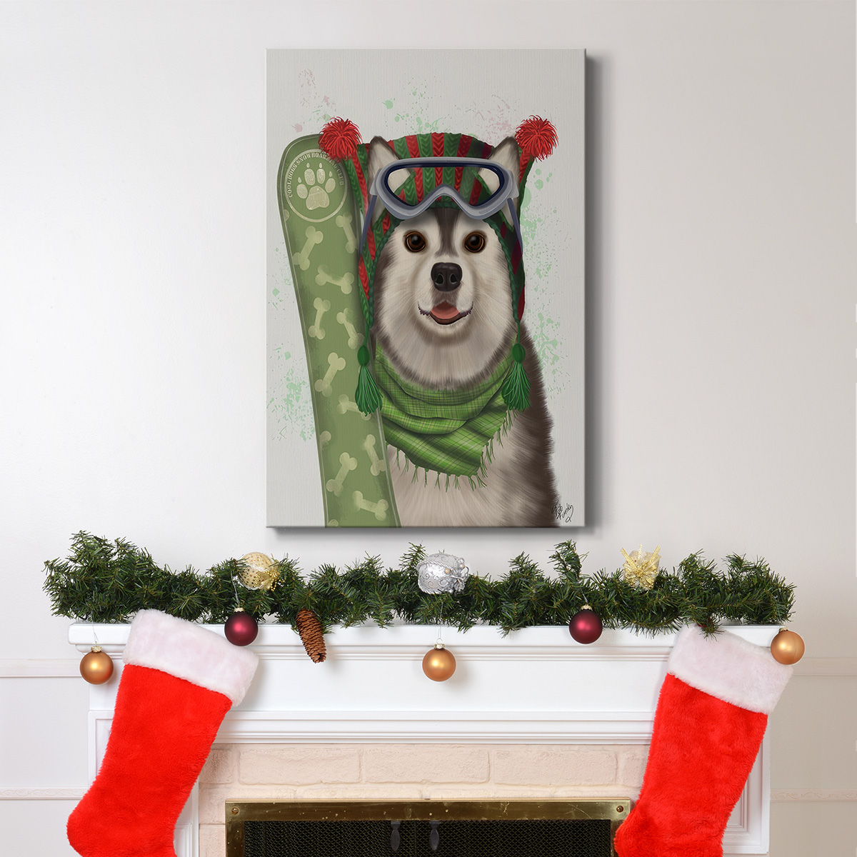 Christmas Husky Snowboard- Gallery Wrapped Canvas