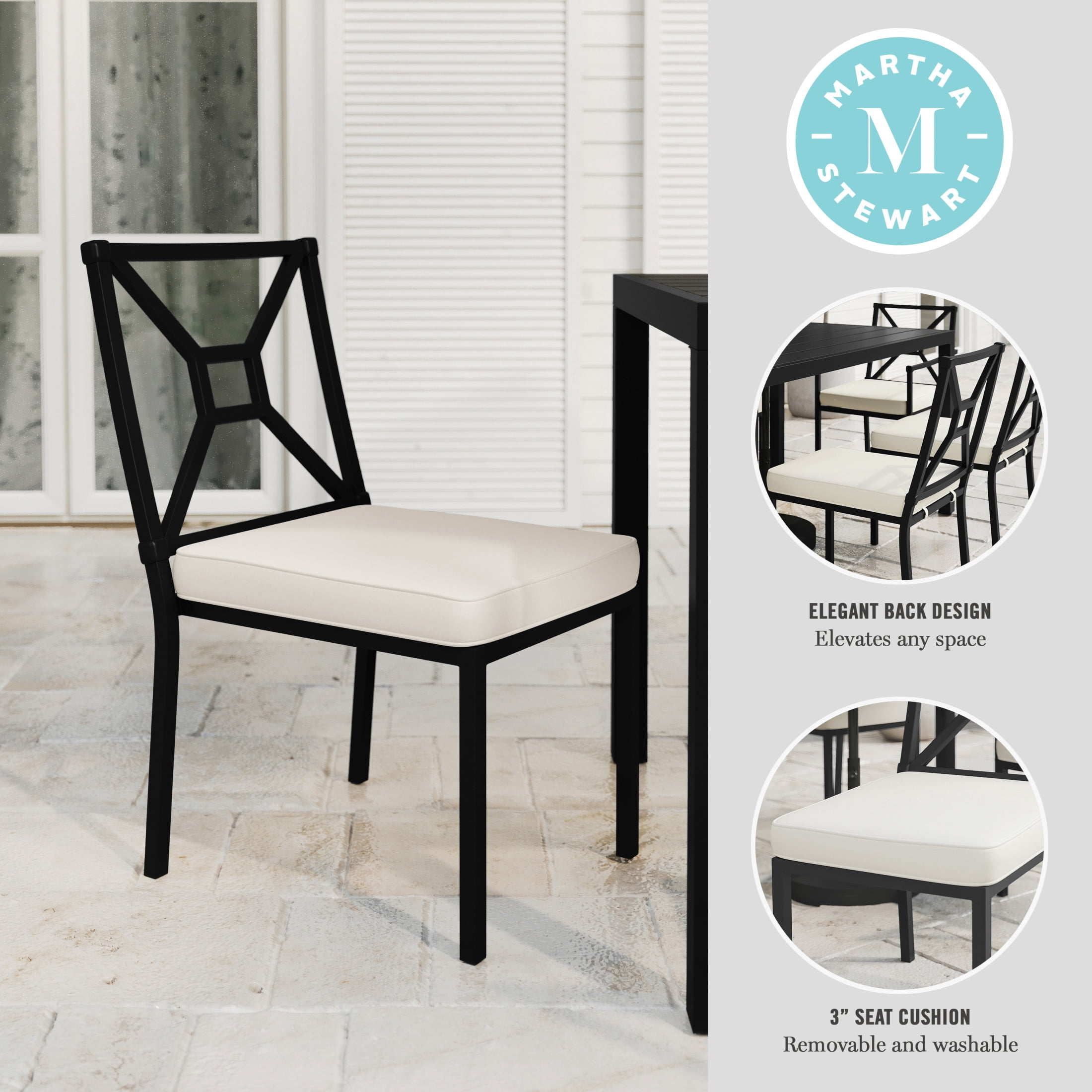 Martha Stewart Indoor-Outdoor Stackable Patio Side Dining Chair with Steel Frame in Black with Cream All-Weather Cushion