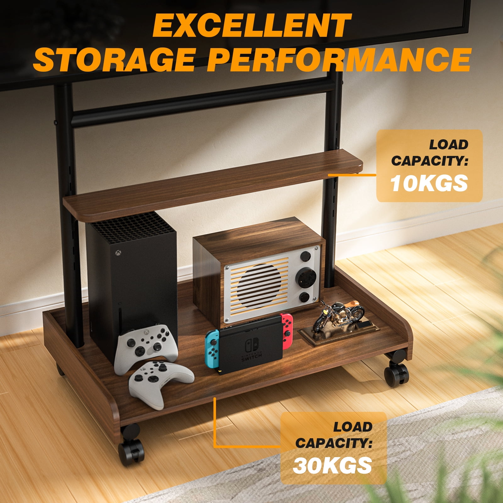 RTVR Rolling TV Stand with Wheels for 40-86 inch Screens, Height Adjustable Mobile TV Stand with Wooden Storage Shelf, Holds up to 150 lbs, Brown
