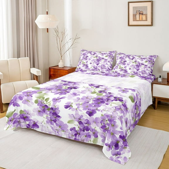 Manfei Purple Blossoms 3pcs Twin Sheet Sets for Kids Children,Spring Graden Twin Fitted Sheet,Chic Floral Flowers Breathable Flat Sheet,Microfiber Bedroom Decor