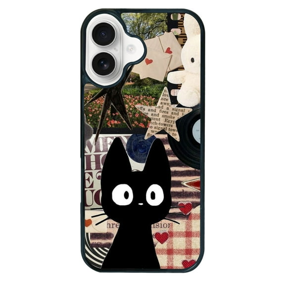 Silly Black Cat for iPhone 16 Pro Case, Cute Aesthetic Art Puzzle Shock-Absorbent Protective,Black
