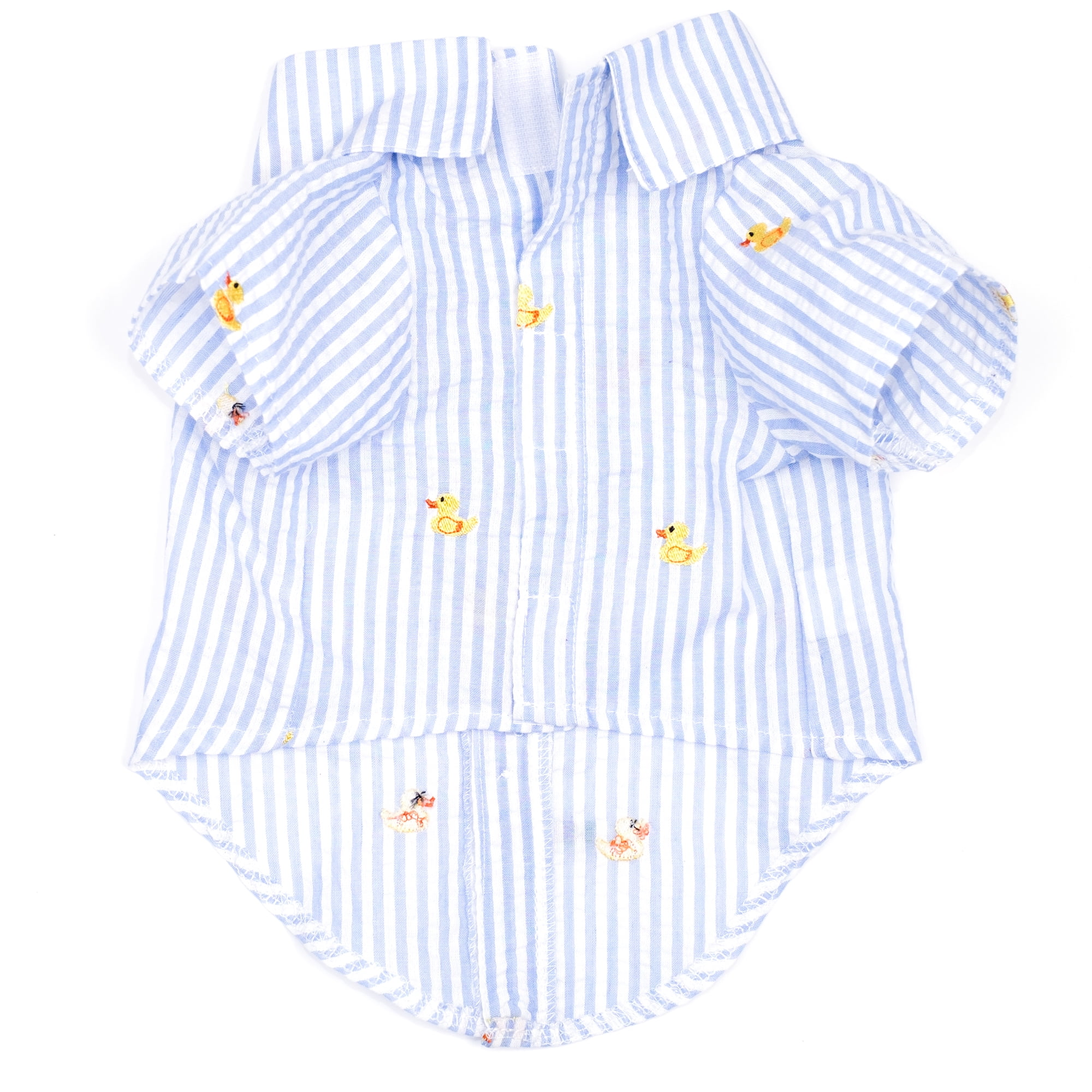 The Worthy Dog Embroidered Rubber Ducks Stripe Seersucker Button Up Look Pet Shirt