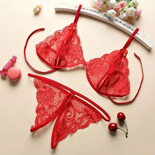 Lencería de entrepierna abierta para mujer, Conjunto de pijama transparente de encaje, Sexy ropa de dormir, sujetador abierto en V profundo, conjunto de Pijama sin entrepierna, camisón erótico