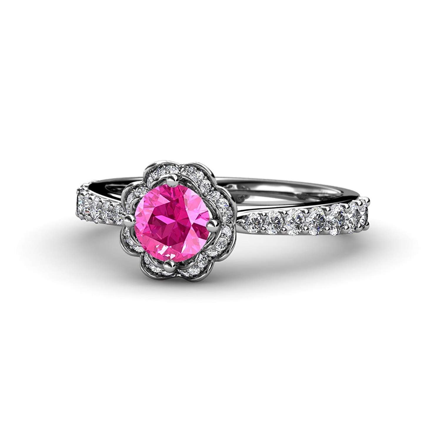 Pink Sapphire and Diamond (SI2-I1, G-H) Floral Halo Engagement Ring 1.33 ct tw in 14K White Gold.size 8.0 by TriJewels