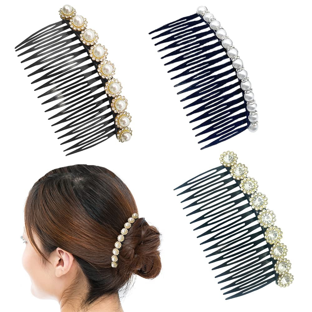 Fancy Hair Combs for Women Decorative 3 Pieces Pearl Black Hair Side