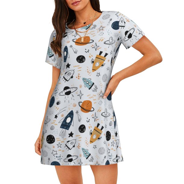 Balery Cartoon Planets Camisón de manga corta con cuello redondo para mujer, cómodo y elegante.