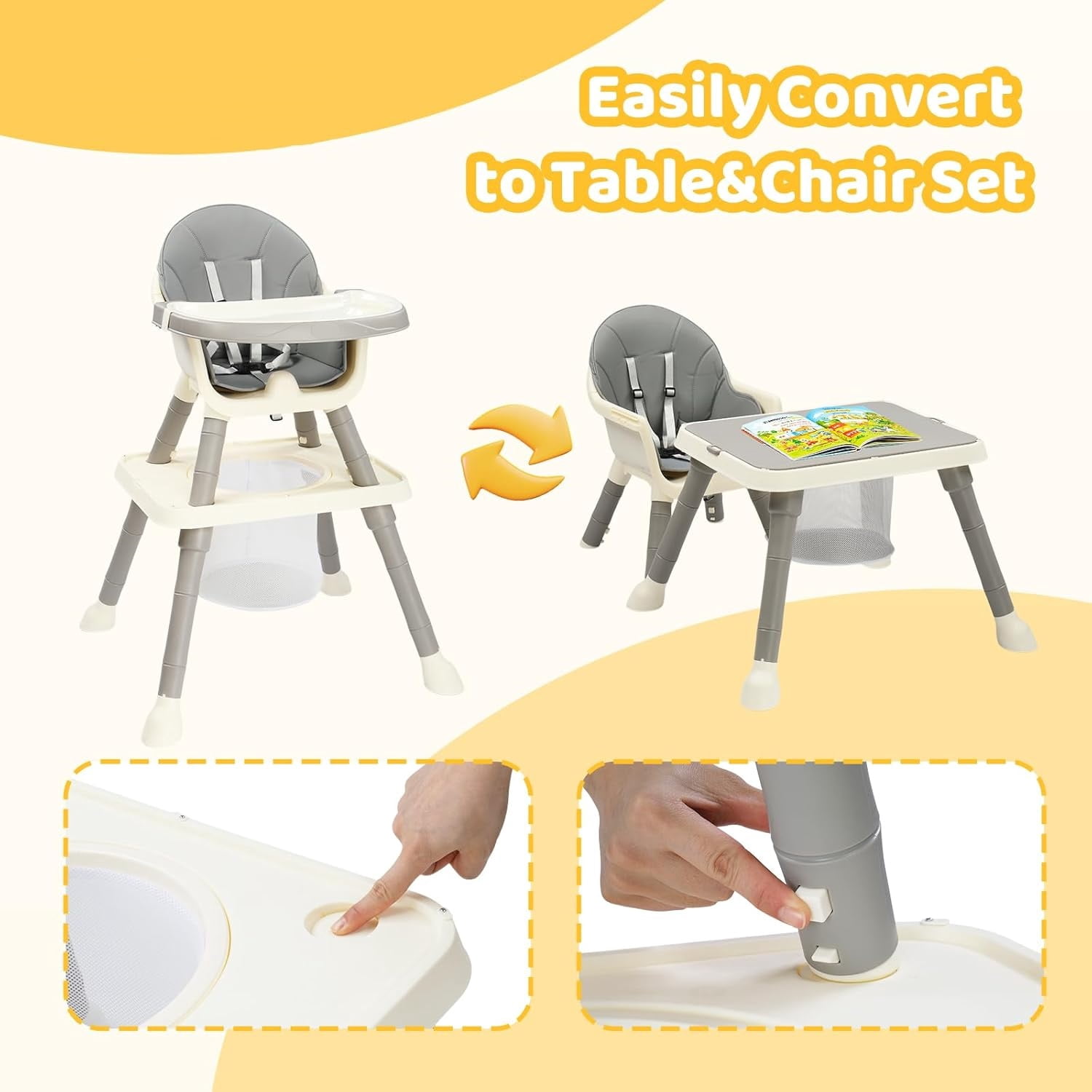Zimtown Baby High Chair, 6 in 1 Convertible High Chairs for Babies and Toddlers, Portable Feeding Chair with 5-Point Safety Harness, Adjustable Dining Tray, Gray