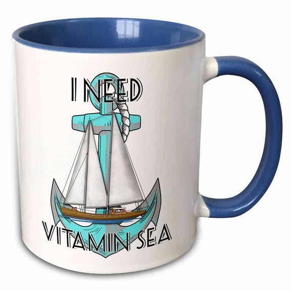 3drose, Nautical Coastal Quoate with Sailboat and Anchor, I Need Vitamin Sea., 11oz Two-tone Blue Mug