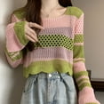 thumbnail image 5 of BUYISI Y2k Women Knitted Crop Top Long Sleeve Crochet Stripe Shirt Pullovers Streetwear Green, 5 of 9