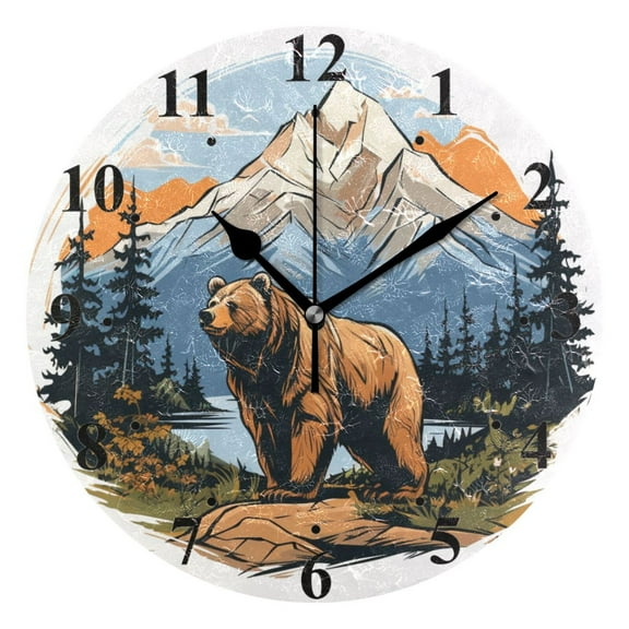 Bear Iceberg Trees Mountain Lake Black 10 inch Wall Clocks Non Ticking Easy to Read Battery Decorative for Home Bathroom Kitchen Bedroom Living Room