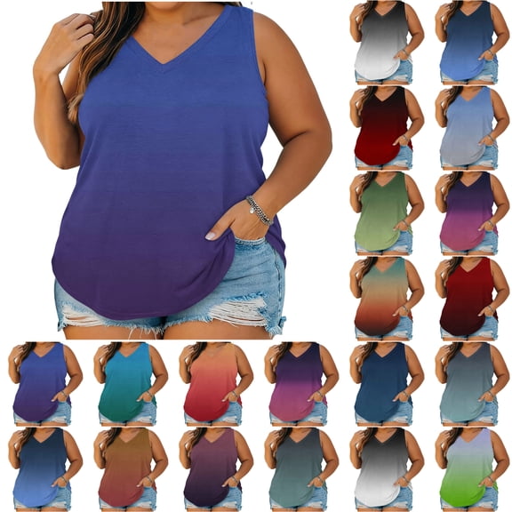 Plus Size Shirts for Women V Neck Sleeveless Tank Top Gradient Color Print Casual Summer Loose Fit Fashion Blouse Everyday Wear