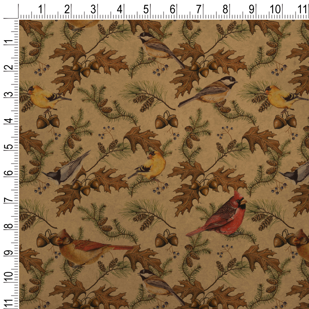 Birds Songbirds Oak Leaves Acorns Pinecones Autumn Fall Premium Kraft Roll Gift Wrap Wrapping Paper