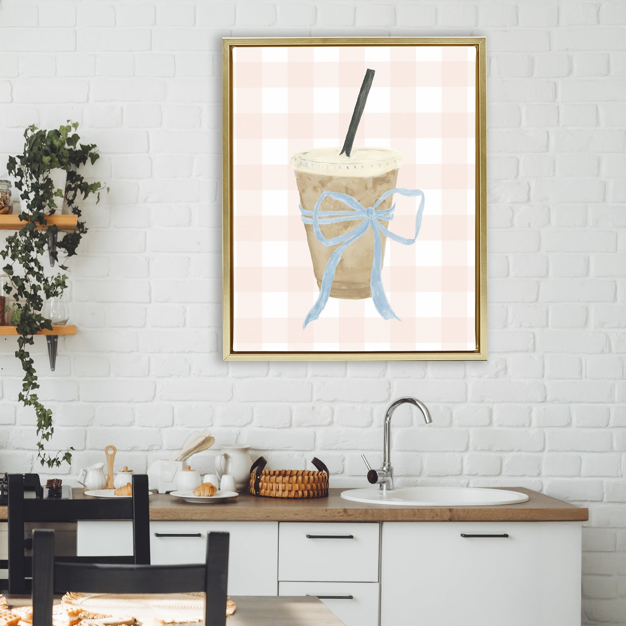 Stupell Industries Iced Coffee on Gingham Gold Framed Floater Canvas Wall Art, design by Lucille Price