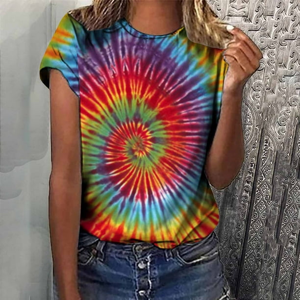 Pompotops Tie Dye Women Print Tops Short Sleeve Crew Neck Fashion T Shirts  Tee Loose Fit Printed Pattern Casual Tops Summer Blouse 