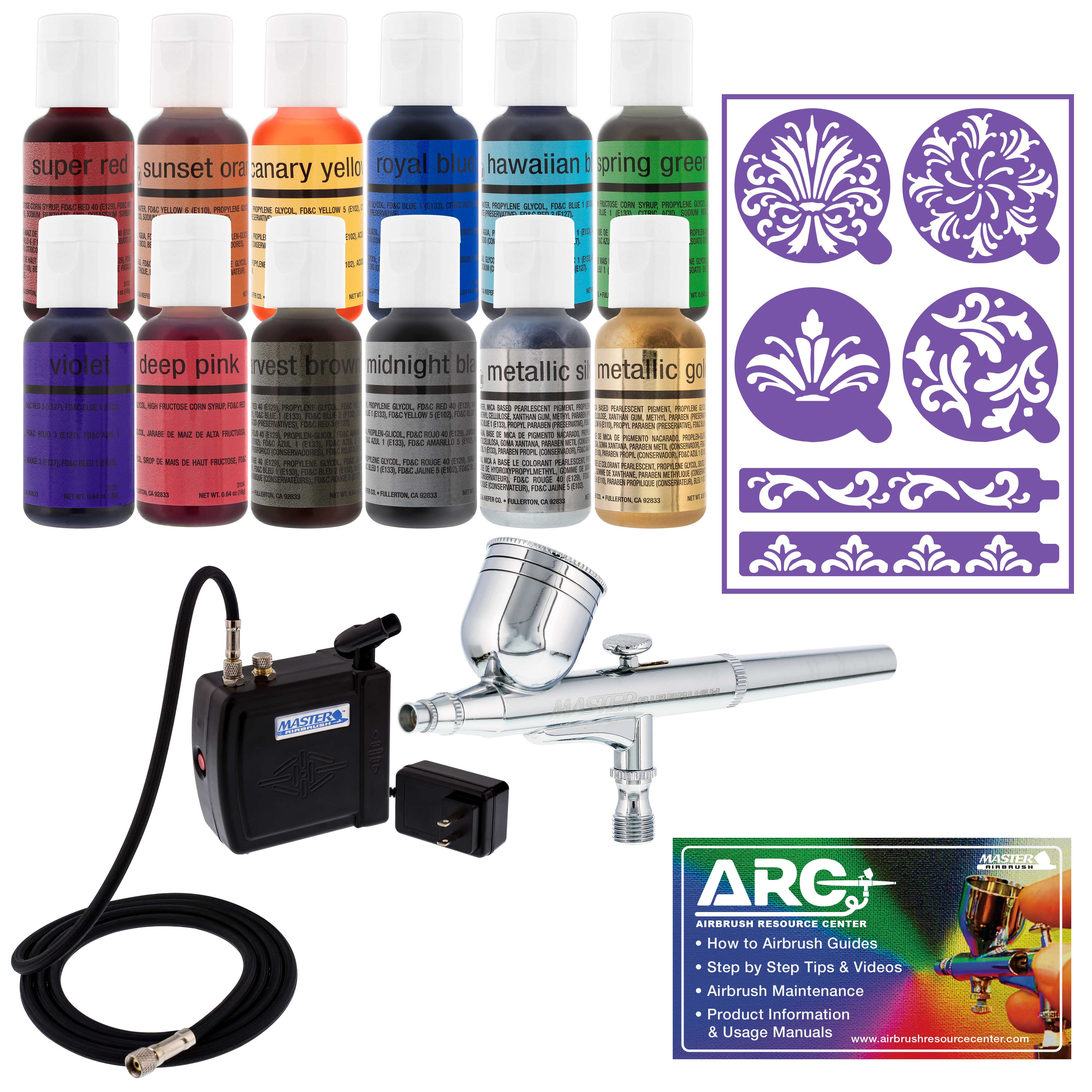 2 Airbrush Cake Decorating Tank Air Compressor Kit 12 Chefmaster Food Colors Set