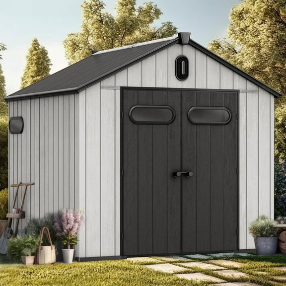 8 x 10 FT Plastic Outdoor Storage Shed with Floor, Waterproof Resin Storage Shed with Lockable Door, Windows & Vents, Garden Utility Tool Shed Storage House for Backyard, Patio, Lawn