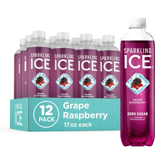 Agua con gas, sabor uva y frambuesa, sin azucar, con vitaminas y antioxidantes, baja en calorias, 17 onzas liquidas (paquete de 12)