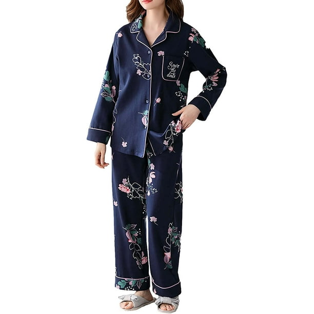 Cotton Pajamas Set Long Sleeve Sleepwear Womens Button Down