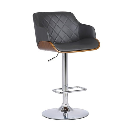 Toby Contemporary Adjustable Barstool in Chrome Finish with Black Faux Leather and Walnut Finish