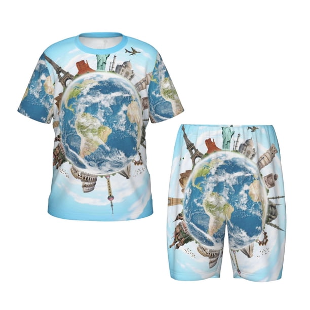 Balery World Travel Conjunto de Pijama Infantil de Manga Corta con Estampado – Ropa de Dormir de Algodón Suave-Large