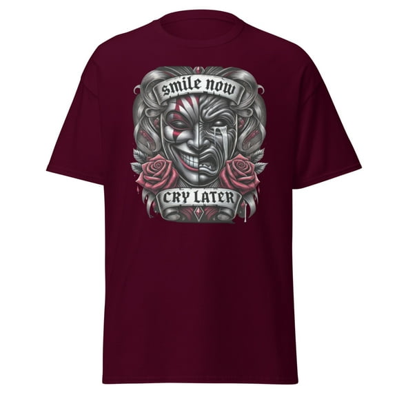 Wraptap Graphic Tees for Men and Women – Smile Now Cry Later Graphic Tee, Bold and Expressive Men and Women T-Shirts (Maroon, S)