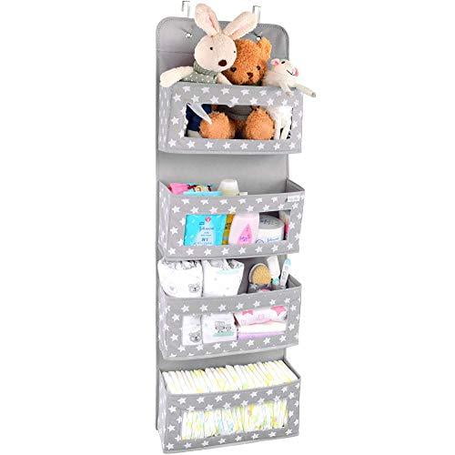 Vesta Baby Over the Door Hanging Organizer - Unisex Space-Saving 4-Pocket Storage Solution for Closet, Children's Room, Nursery - Clear-Window Caddy - 2 Utility Pockets for Small Items and