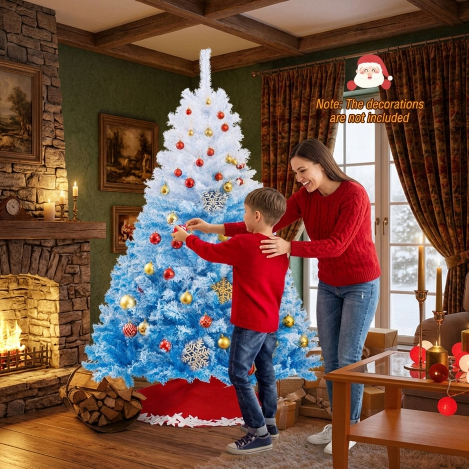 RUIE 6 ft White Blue Gradient Christmas Tree, Flocked Hinged Artificial Xmas Tree with 820 Branch Tips and Folding Metal Stand