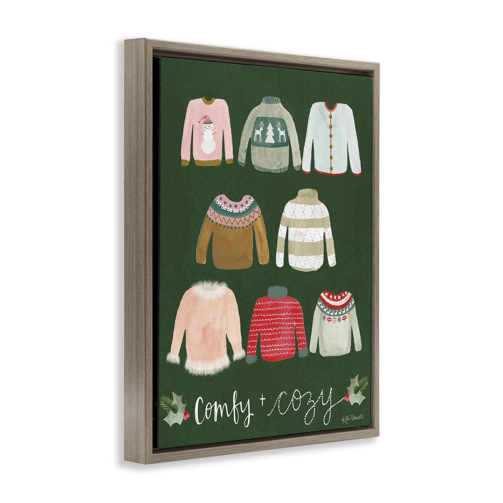 Stupell Industries Comfy & Cozy Sweaters Holiday Painting Brown Floater Framed Art Print Wall Art, 17 x 21