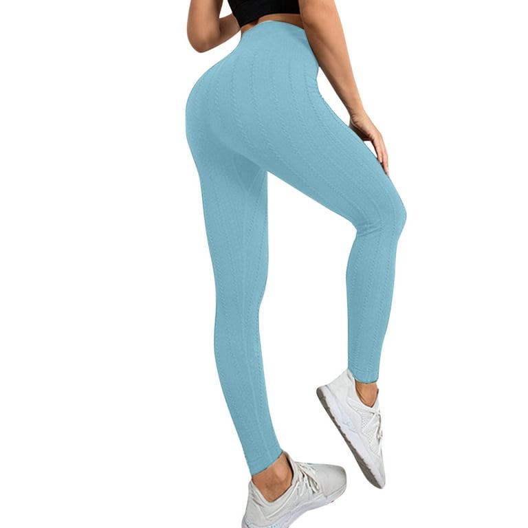 Women's Yoga Pants Cross-border Muscle Texture Seamless Tights Solid Color  Sports Trousers Light Blue S 