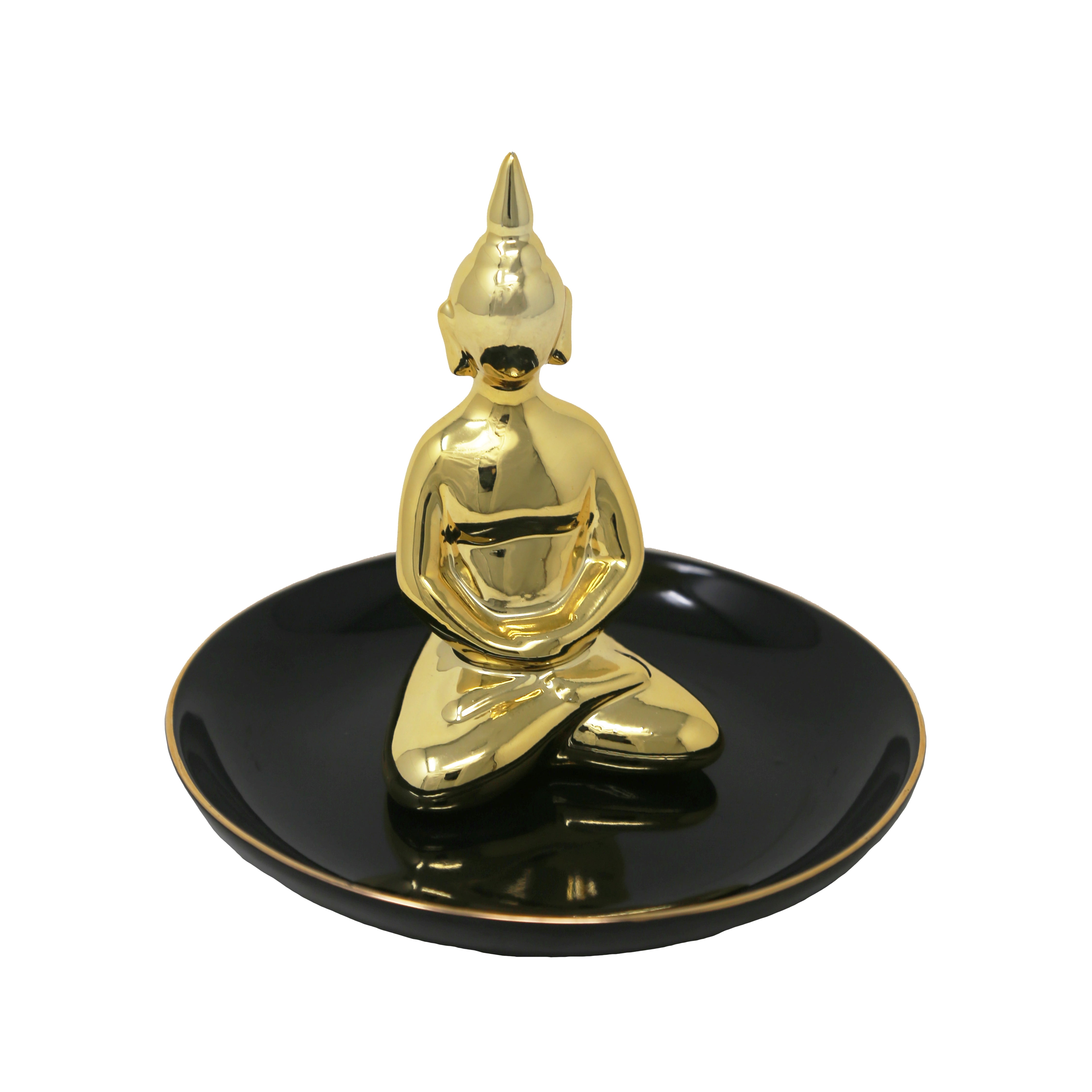 Ceramic Buddha Meditating Figurine Sitting on Trinket Tray, Large