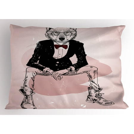 Indie Pillow Sham Hipster Portrait of Sitting Wild Wolf with Glasses Smart Casual Outfit, Decorative Standard Size Printed Pillowcase, 26 X 20 Inches, Baby Pink Black Burgundy, by Ambesonne