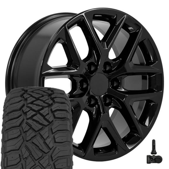 OE Wheels CV62 20 Inch Rims and Tires Fit Silverado 1500 Style 6x139.7 20x9 Gloss Black - Hollander 14078 - TerraMax RT 275/55-20 (Set of 4)