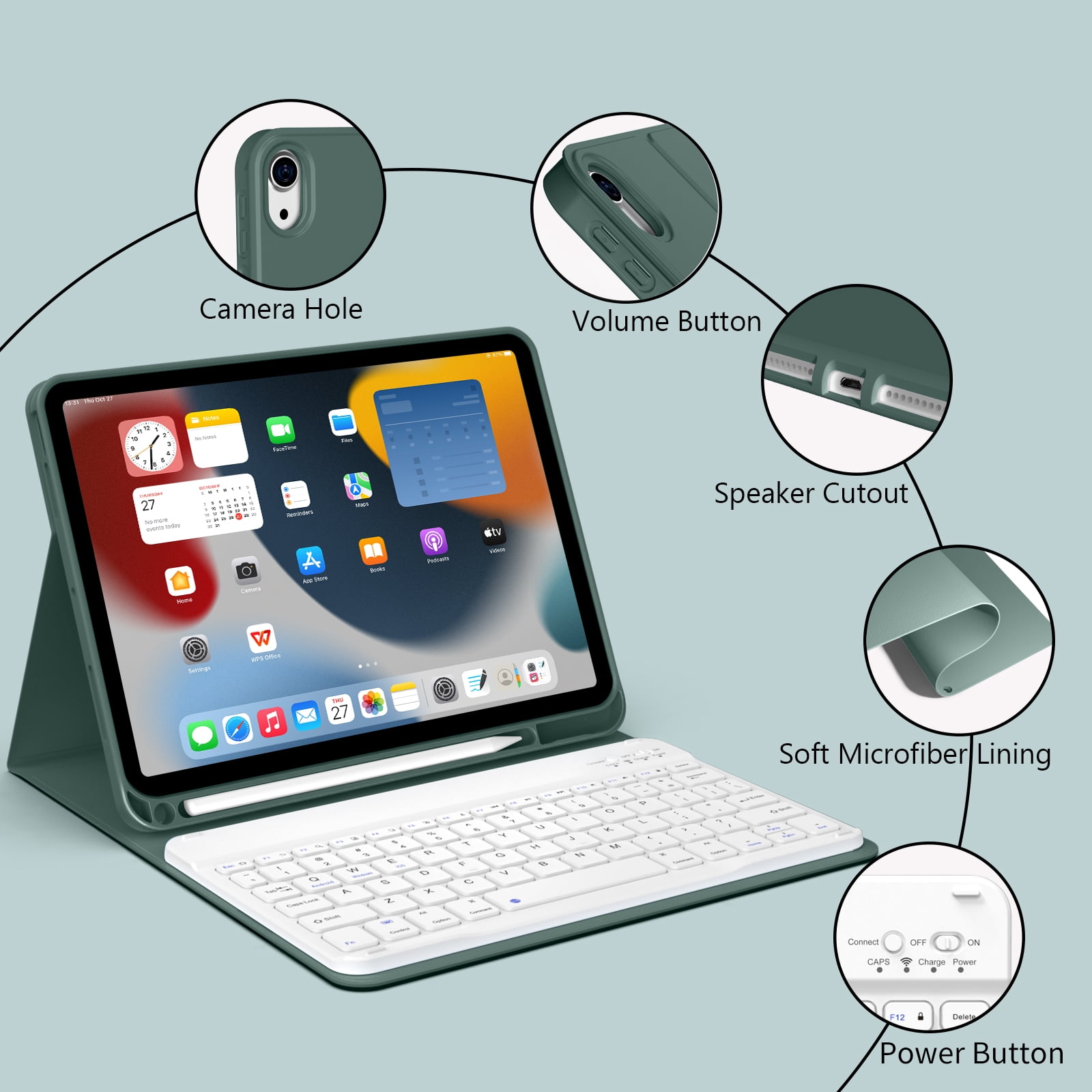 Aoub Keyboard Case for iPad (A16) 11th 10th Generation 2025 2022 with Pencil Holder, Detachable Wireless Bluetooth Rechargeable Keyboard Cover, Dark Green