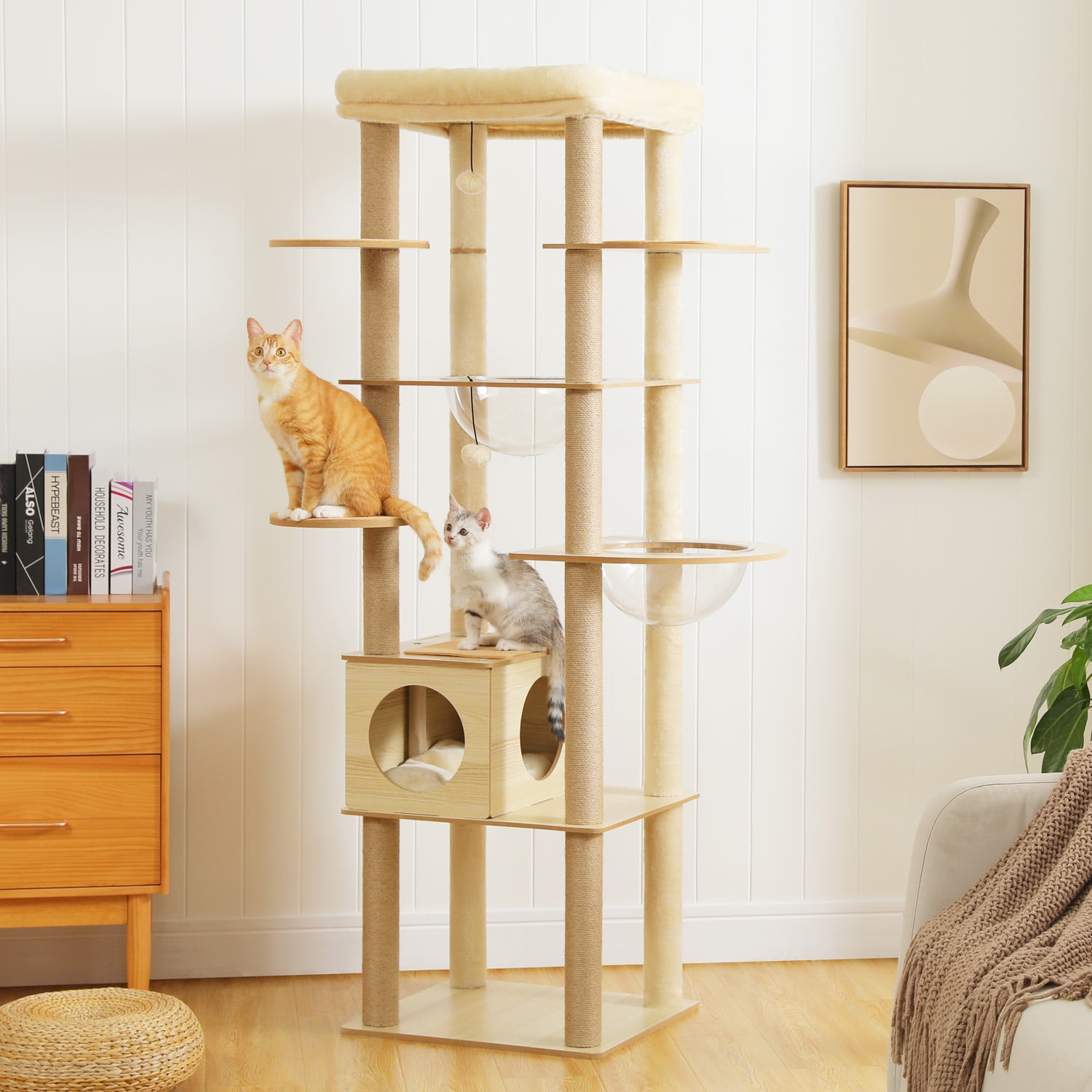 Kadyn 71" Wooden Cat Tree Tower for Multiple Cats, Modern Cat Tree House with Cat Condo for Indoor Cats, Beige