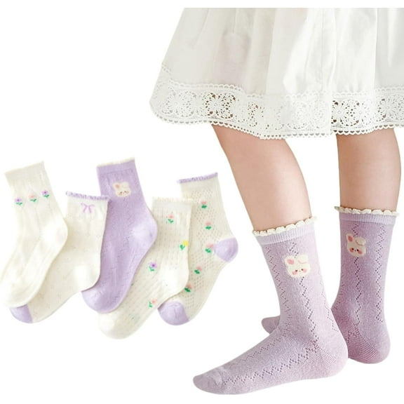 Girls Cotton Thin Mesh Crew Socks, Kids Floral Flower Cute Summer Socks, 5 Pairs, 3~12Years