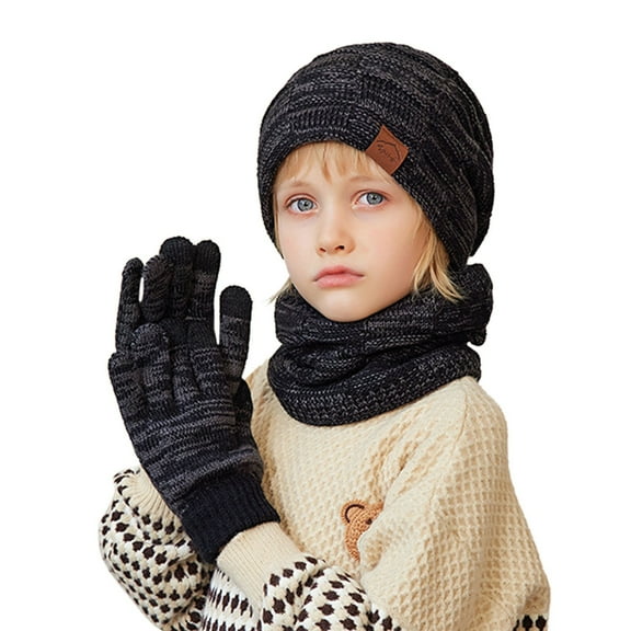 QUOTAY Hats and Gloves for Kids Set Winter Hat Gloves and Bib Set with Earmuff Cap for Children 4-10 Years Warm Knit 01_Black,One Size