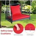 thumbnail image 3 of SAZYY Outdoor Metal Porch Swing, Single Person Hanging Seat w/Woven Rattan Backrest, 2 Sturdy Hanging Ropes, Seat & Back Cushions Included, Heavy-Duty Swing Chair for Front Porch, Backyard, Red, 3 of 9