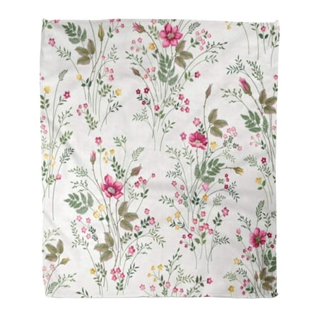 SIDONKU Throw Blanket Warm Cozy Print Flannel Green Vintage Floral Pattern Roses and Meadow Flowers Pink Leaf Comfortable Soft for Bed Sofa and Couch 58x80 Inches