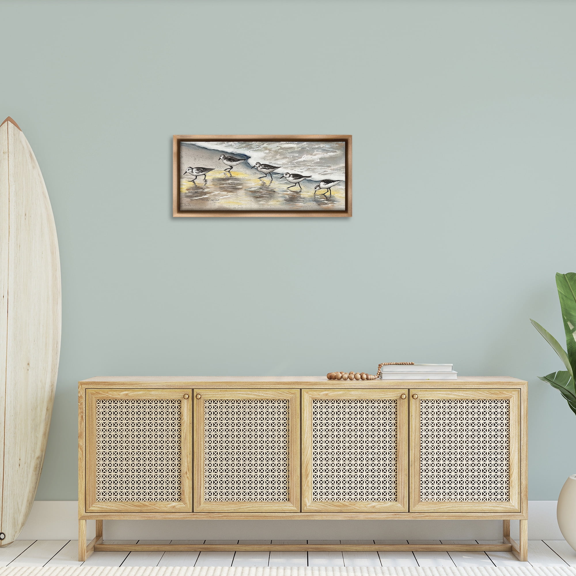 Stupell Industries Sunlit Birds & Beach Foam Animals & Insects Painting Brown Floater Framed Canvas Art Print Wall Art, 31 x 14