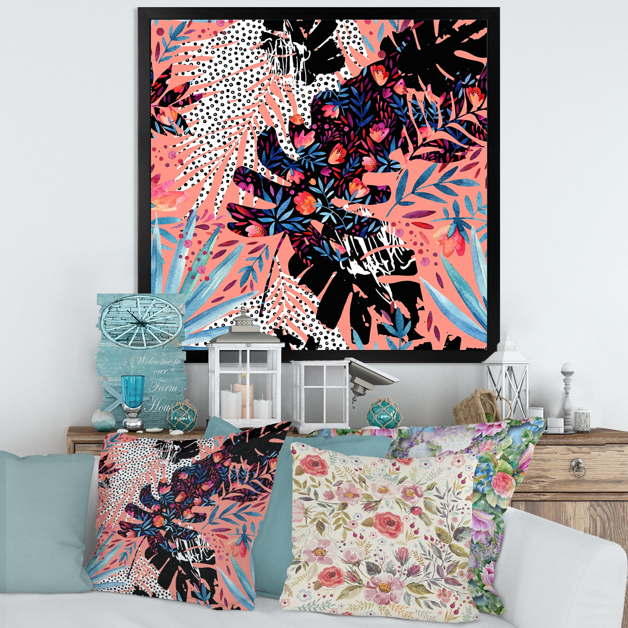 Designart 'Abstract Tropical Floral Patchwork II' Tropical Framed Art Print