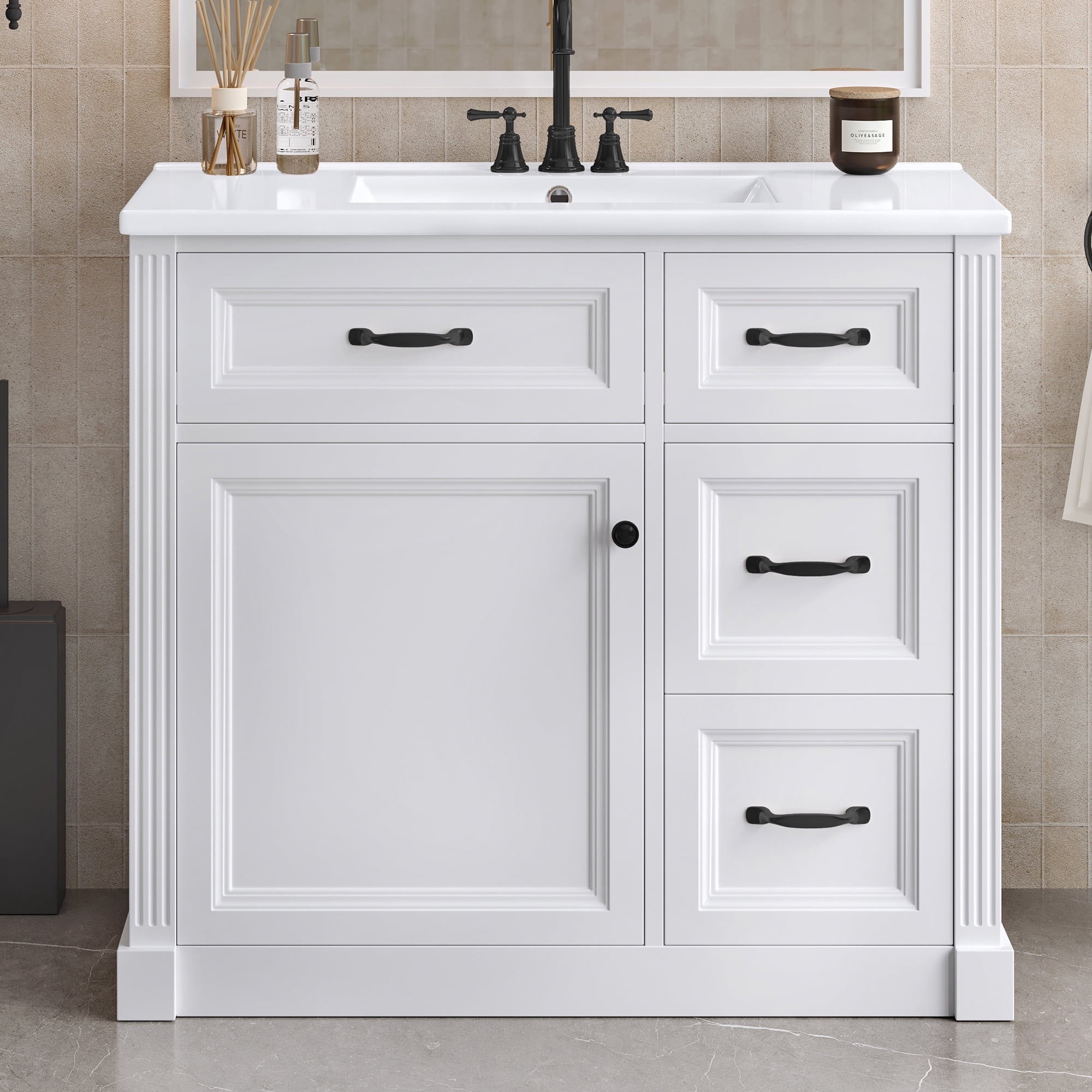 Euroco 36 Inch Bathroom Vanity with Sink, Cabinet with 4 Drawers, Soft-Close Door & Adjustable Shelf, Ceramic Basin, Modern Storage Vanity for Bathroom Organization, White Finish