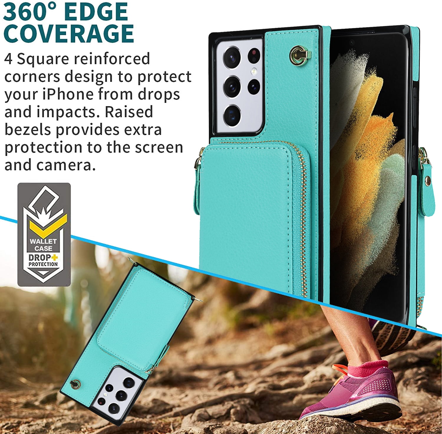TECH CIRCLE For Galaxy S9 Wallet Case,Card Holder Phone Case for Women, Zipper PU Leather Purse Kickstand Folio Flip Case with Crossbody Strap for Samsung Galaxy S9 5.8" 2018,Mint