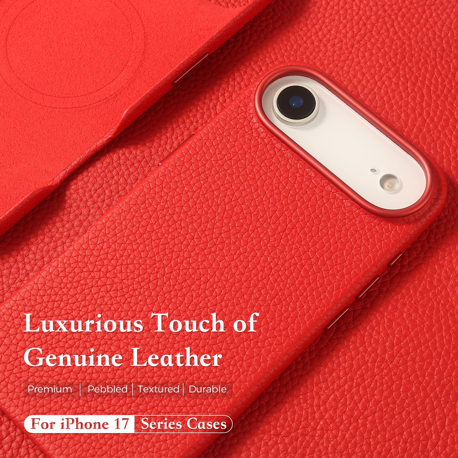 Genuine Leather Case for iPhone 17 Air (6.5 inch)，Premium Litchi Grain Cowhide Cover，2025 New Shockproof & Slim Protective Case with Soft Microfiber Lining，Red Fit for MagSafe